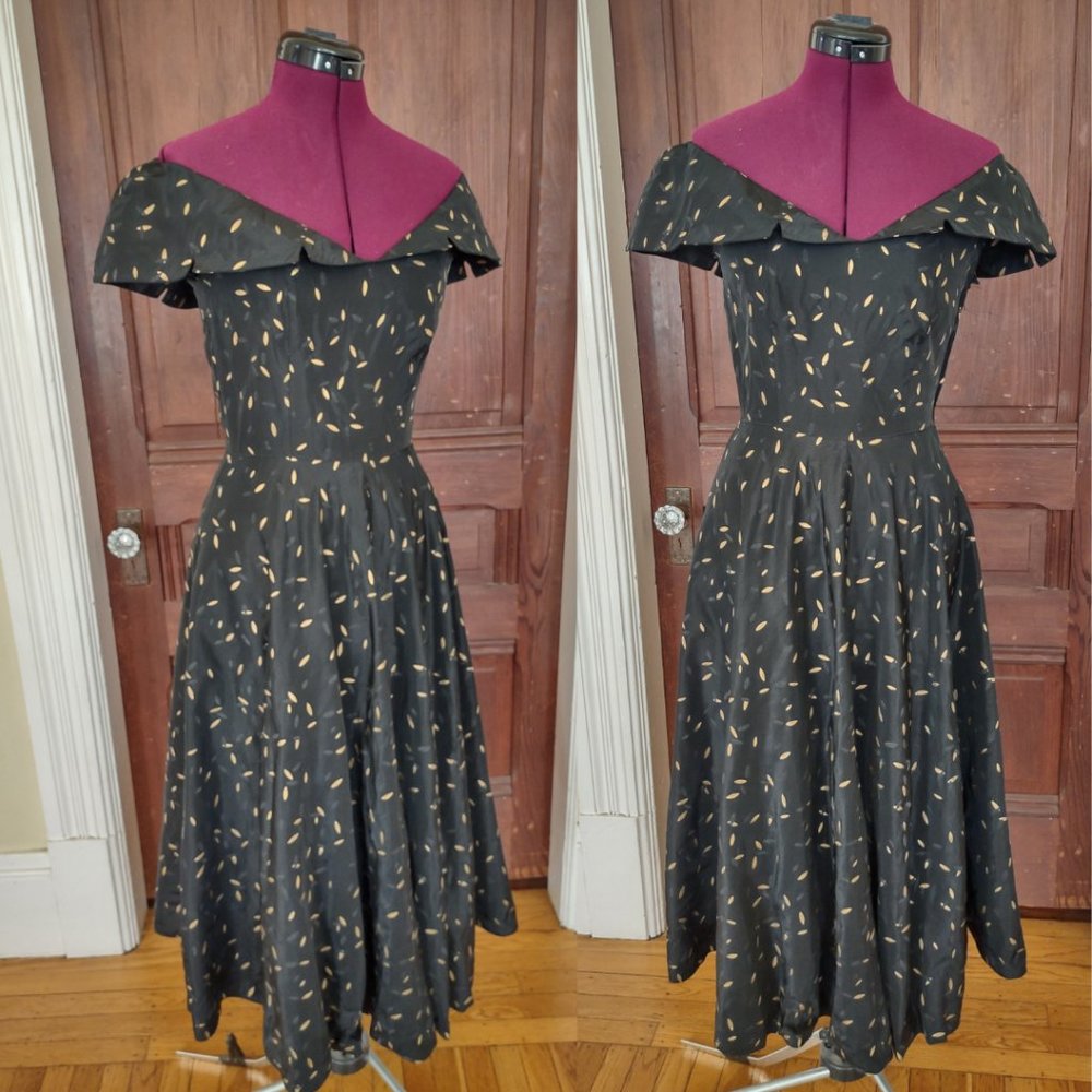1950s Emma Domb off the shoulder black and gold "confetti" dress